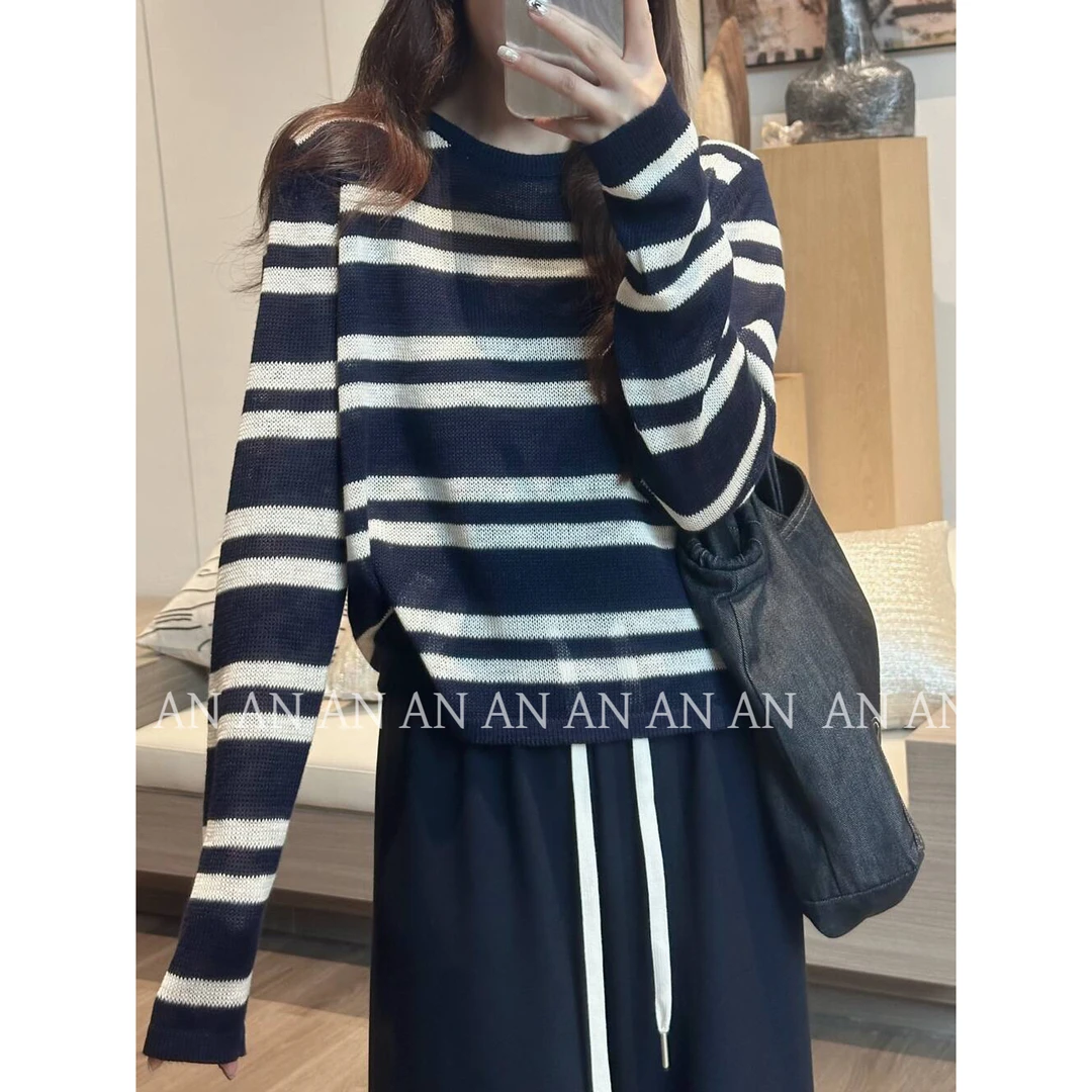 C08409复古时尚休闲宽松慵懒风圆领套头打底条纹针织衫