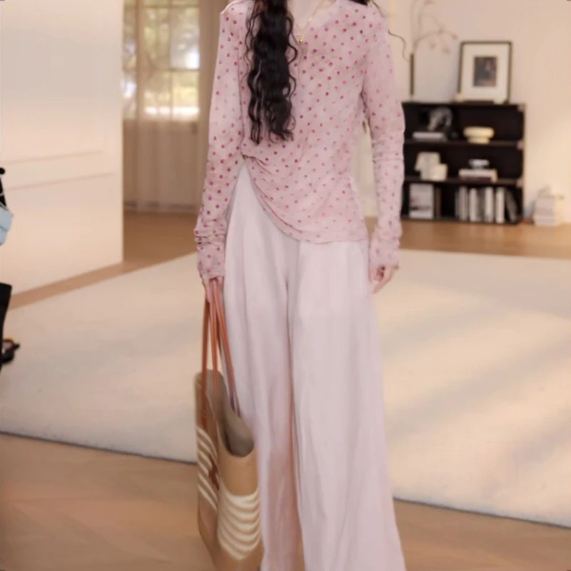 2025夏季百搭波点长袖防晒T恤松紧腰蕾丝直筒裤户外洋气轻奢穿搭