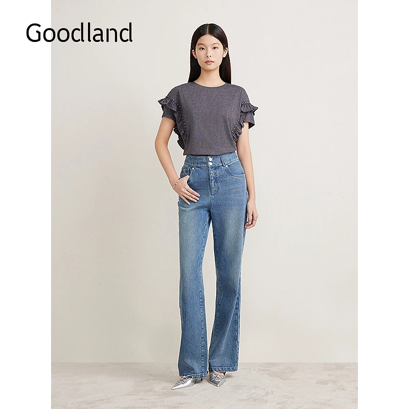 Goodland美地女装夏季通勤浅蓝色天丝牛仔裤女高腰直筒长裤