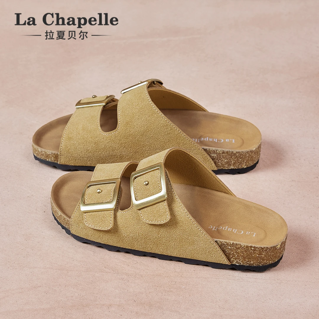 拉夏贝尔小众平底一字拖女2025年夏季新款设计磨砂皮海边沙滩凉拖