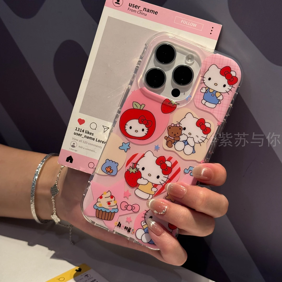 可爱草莓爱心Kitty猫适用iPhone16PROMAX手机壳苹果15PRO全包13硬