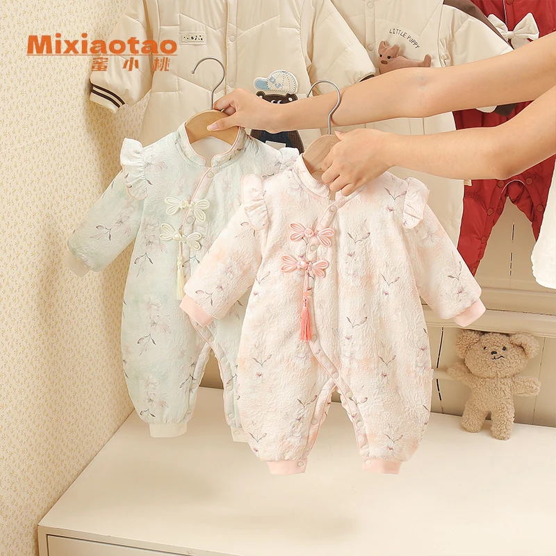 婴儿夹棉秋冬款花想容连体衣女宝宝中式新生儿加绒保暖新生儿