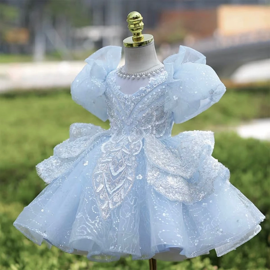 【冰雪女王短款】蓝色短款女童主持晚礼服钢琴演出服儿童公主裙纱裙