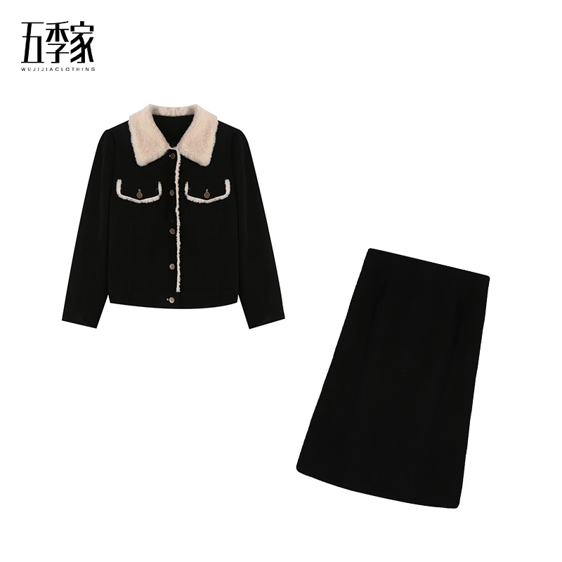 周周-娃娃领减龄女装黑色上衣+短/长裙两件套五季家秋季套装秋冬