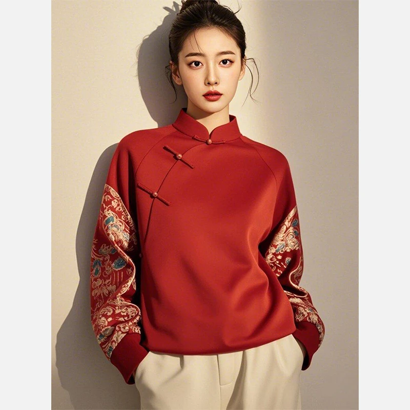 新中式女装国风复古卫衣外套高级感内搭打底上衣女2025年新款冬季
