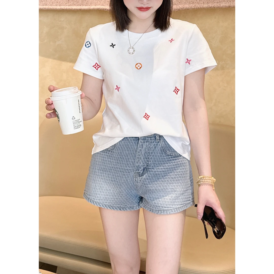 K·K「刺绣星短袖」圆领刺绣小星星T恤时尚显瘦百搭上衣短袖