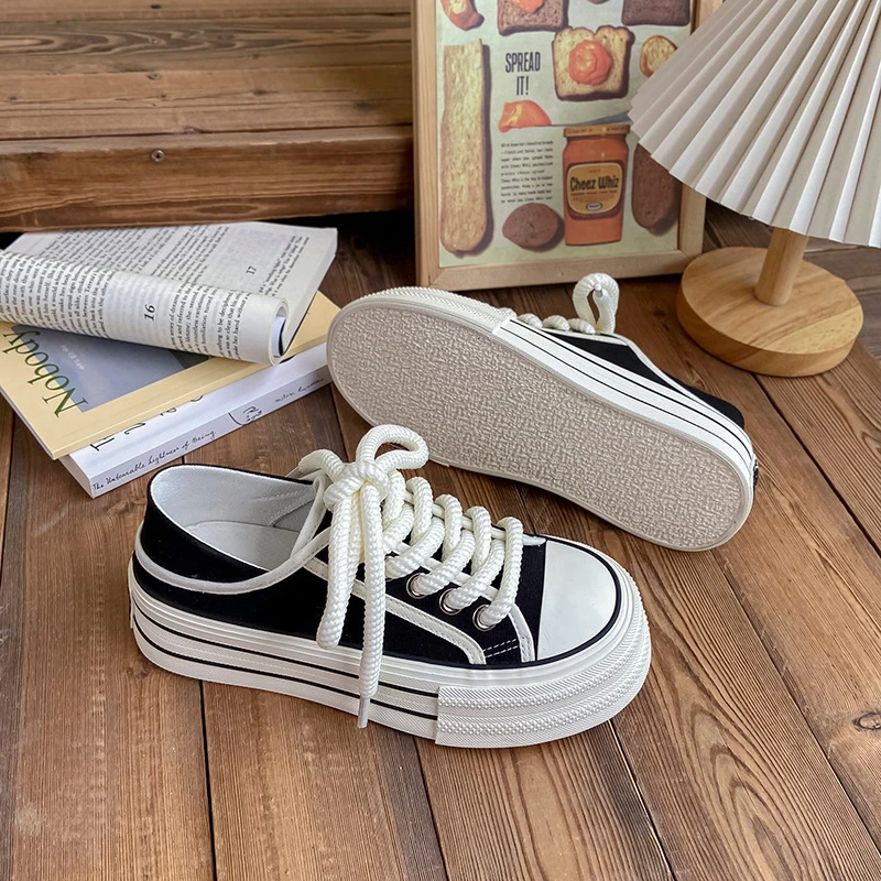 复古厚底百搭帆布鞋女休闲板鞋学生ins增高小众糖果色潮女帆布鞋