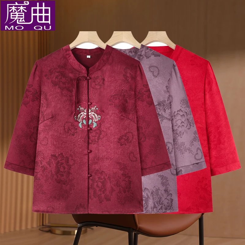 奶奶装夏装衬衫女中老年人七分袖衬衣妈妈夏装新款唐装太太上衣