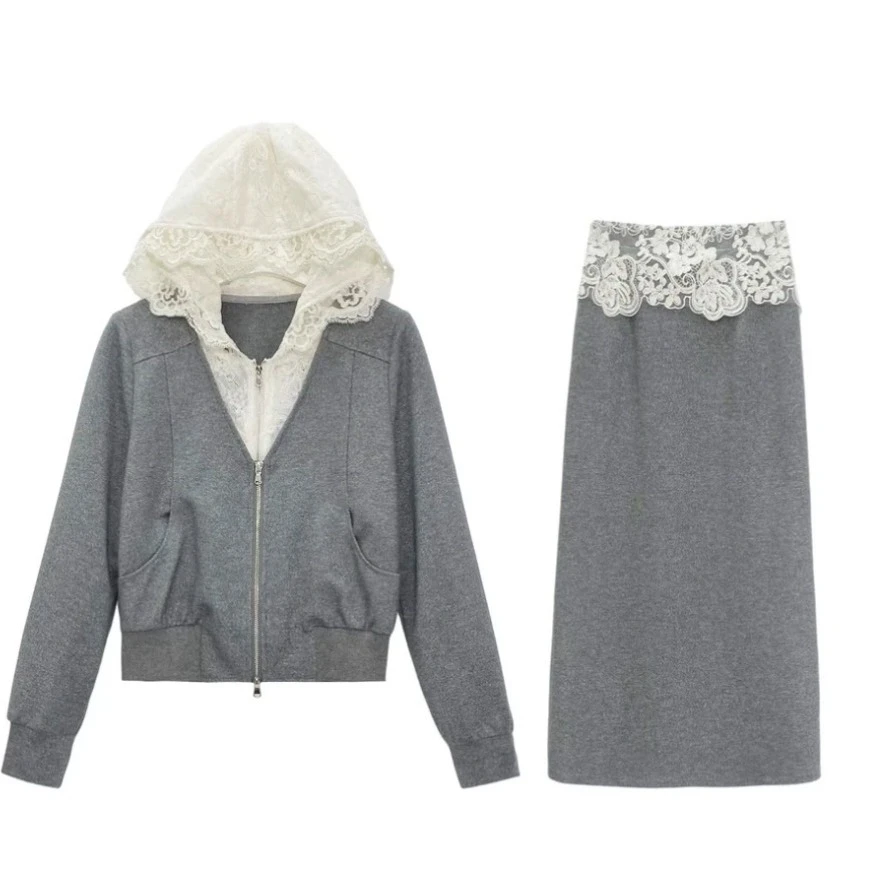 【RRSIFU蓉蓉私服】XS1876 蕾丝运动套装显瘦卫衣+裙子套装网红时尚