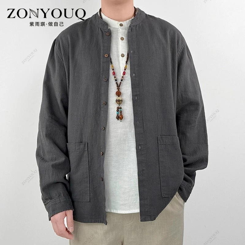 亚麻长袖衬衫男春秋薄外套新中式立领上衣中老年爸爸爷爷复古男装
