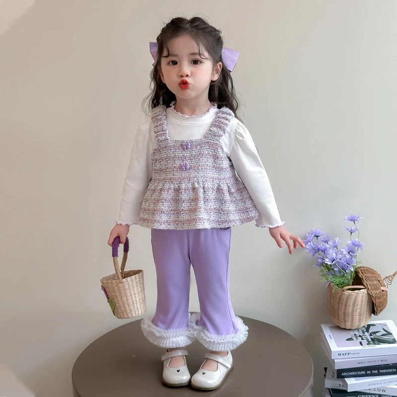 女童小香风马甲套装春秋款三件套中小童洋气时髦女宝宝甜美风春装