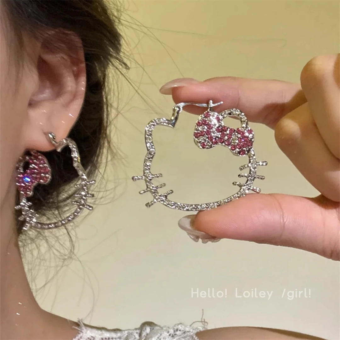 合金耳饰 千禧复古满钻Kitty耳圈甜酷辣妹耳环小众个性可爱耳饰