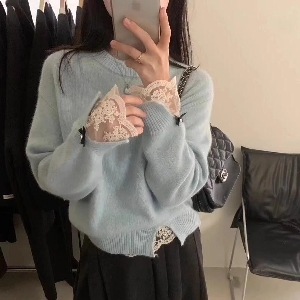 韩系超好看奶呼呼甜美高级感毛衣女秋冬软糯蕾丝边上衣内搭打底衫