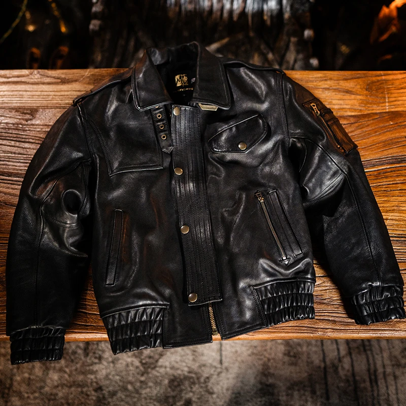 莫臣男装黑色港风复古做旧翻领牛皮皮衣休闲加棉保暖夹克G946