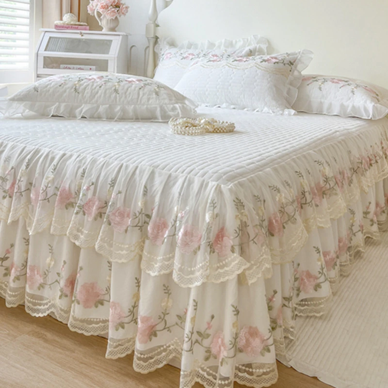高级感纯色蕾丝法式风夹棉床裙四季通用加厚防滑韩版公主风床罩式