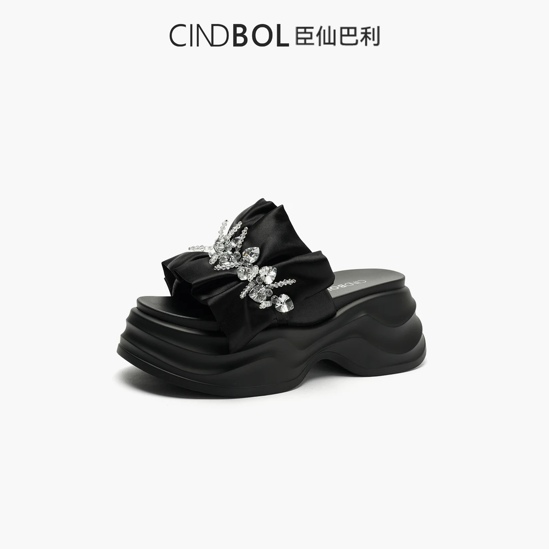 CINDBOL/臣仙巴利凉鞋一字拖凉拖鞋韩版公主风纯色外穿蝴蝶结2122