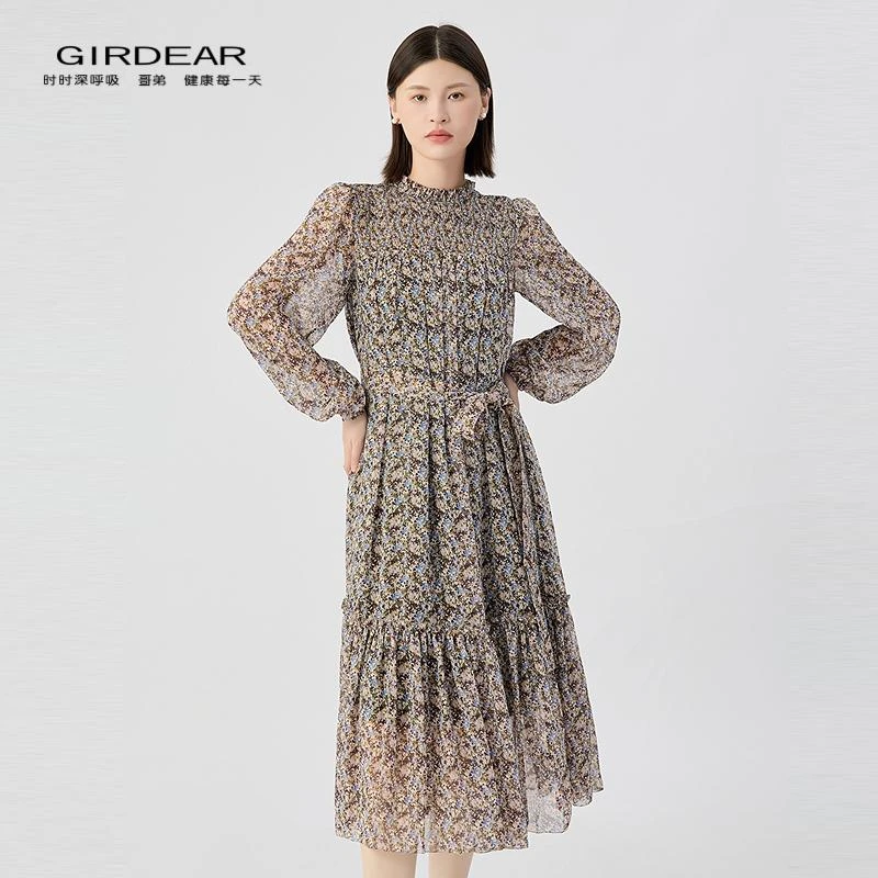 哥弟 宽松透气小荷叶领雪纺纱质连衣裙150034