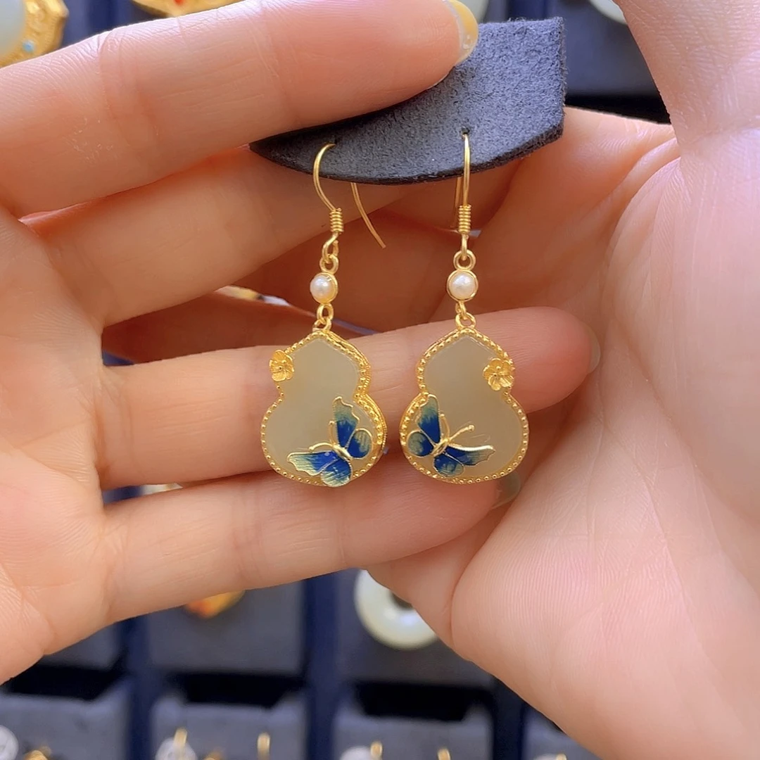 和田玉耳饰银S925镀金镶嵌