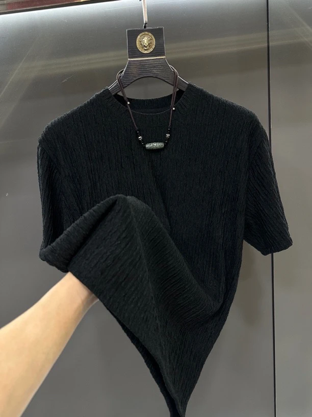 基础大众半袖上衣薄款黑色韩版时尚毛衣夏季褶皱纯色短袖T恤