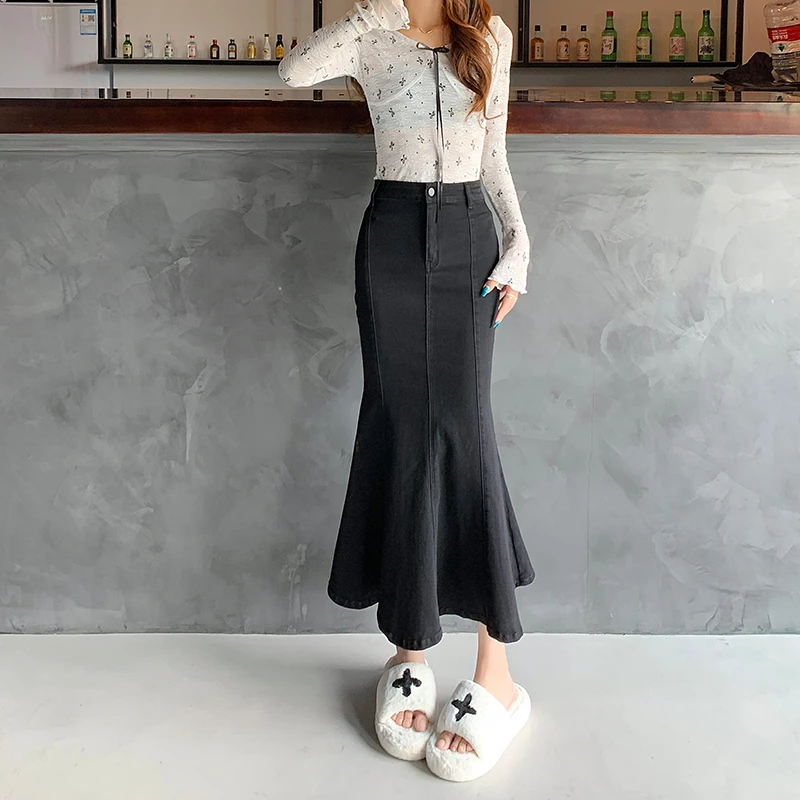 高腰显瘦黑色鱼尾半身牛仔裙女春秋季新款开叉牛仔风紧身裙子