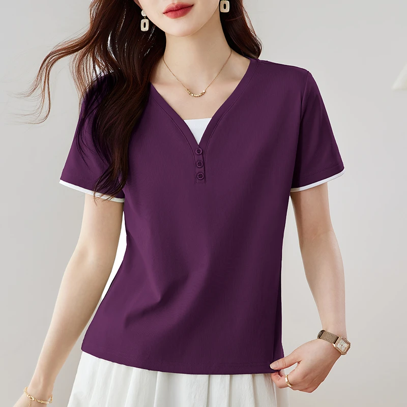 V领洋气短袖女2025夏季新款遮肉显瘦宽松百搭气质休闲正肩t袖上衣