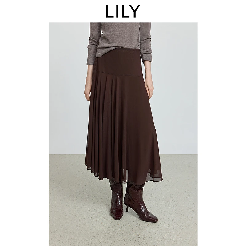 LILY2025冬新款复古不规则碎褶气质通勤半身裙A字裙女125429C6924