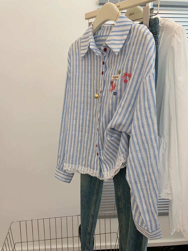 蓝色正肩长袖条纹衬衫女士小个子短款设计感小众上衣蕾丝花边气质
