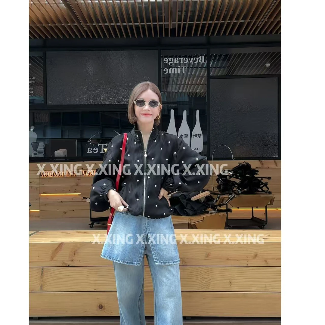 X.x.新款时尚波点图案立领长袖下抽绳薄款时尚显瘦外套女C31-1047