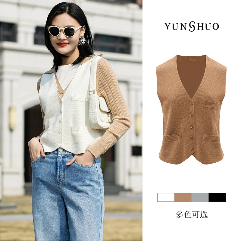 允硕春秋新品时尚百搭无袖V领气质短款毛背心针织上衣外套715046