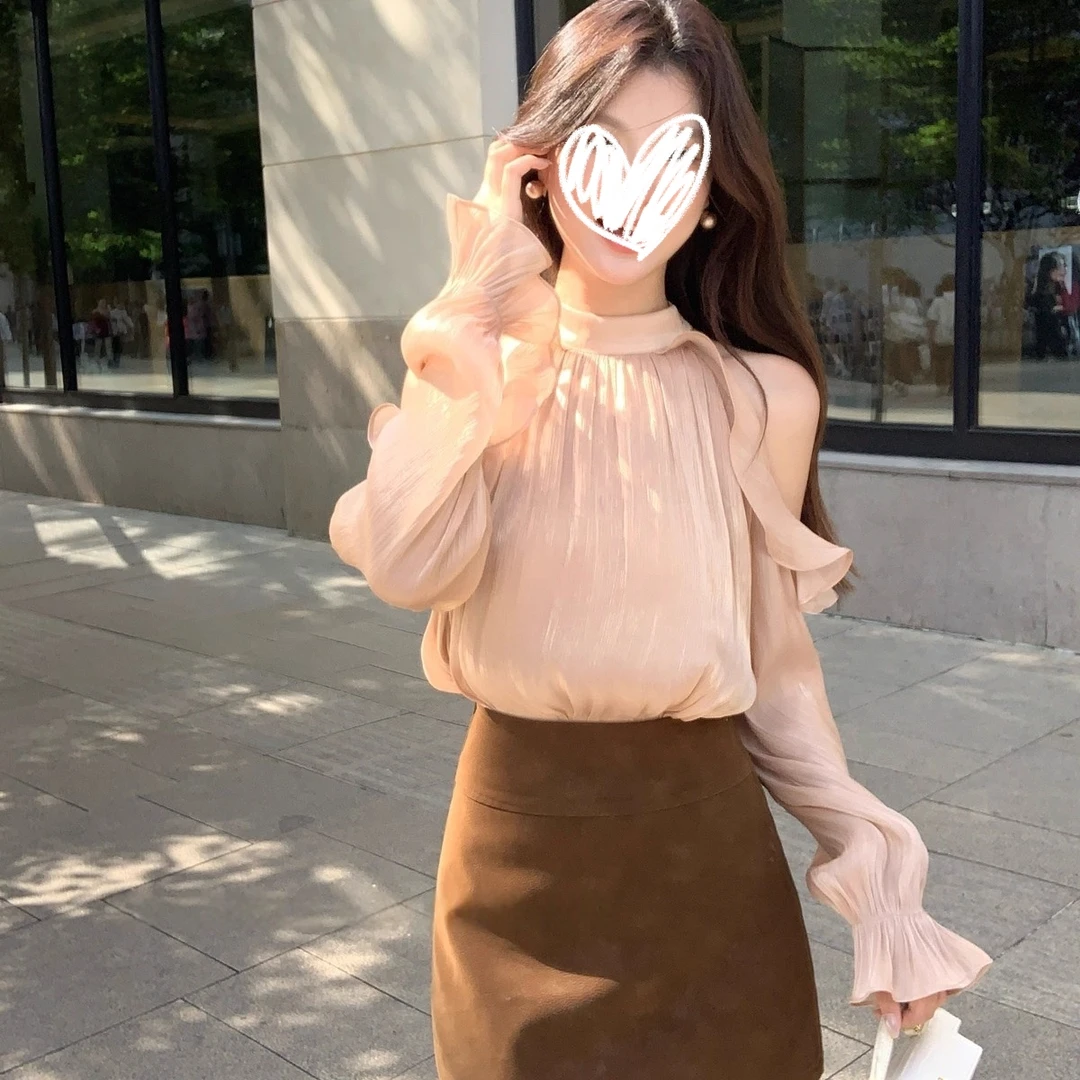 囿米法式温柔风挂脖露肩雪纺衫上衣女2025秋冬荷叶边甜美减龄衬衫