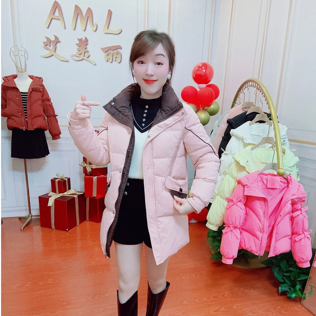 AML3 手工捏褶立领撞色拼接2024新款中长款加厚防寒保暖棉服外套