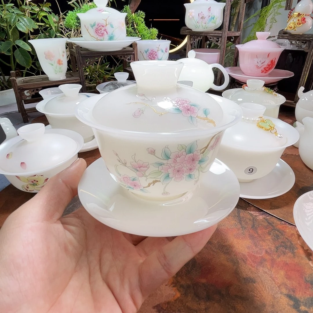 璞玉釉烧桃花朵朵三才元宝