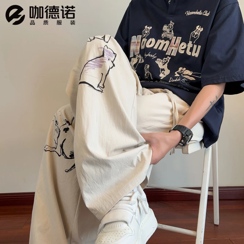 新款夏季休闲裤小狗百搭可爱舒适印花宽松美式直筒高街潮流港风裤