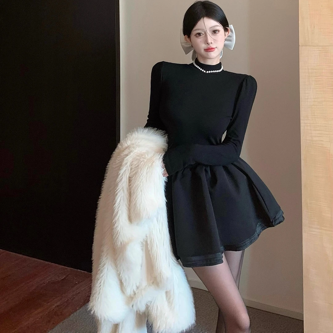 法式黑色半高领气质连衣裙女秋季高级感收腰显瘦a字蓬蓬裙短裙子