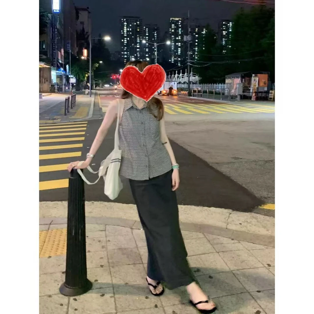 【 韩艺风】 格子挂脖无袖背心衬衫