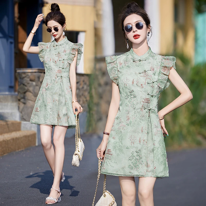 夏装爆款小个子新中式国风高级感刺绣连衣裙短款两件套时尚套装裙