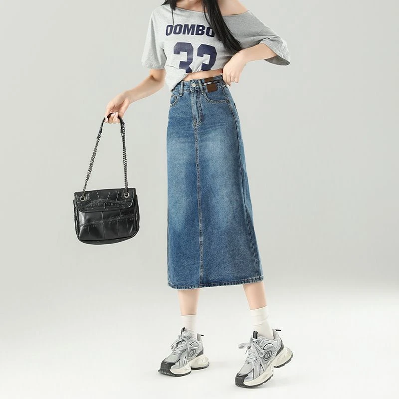 2025春季新款高腰显瘦百搭后开叉牛仔半身裙女中长款裙子薄