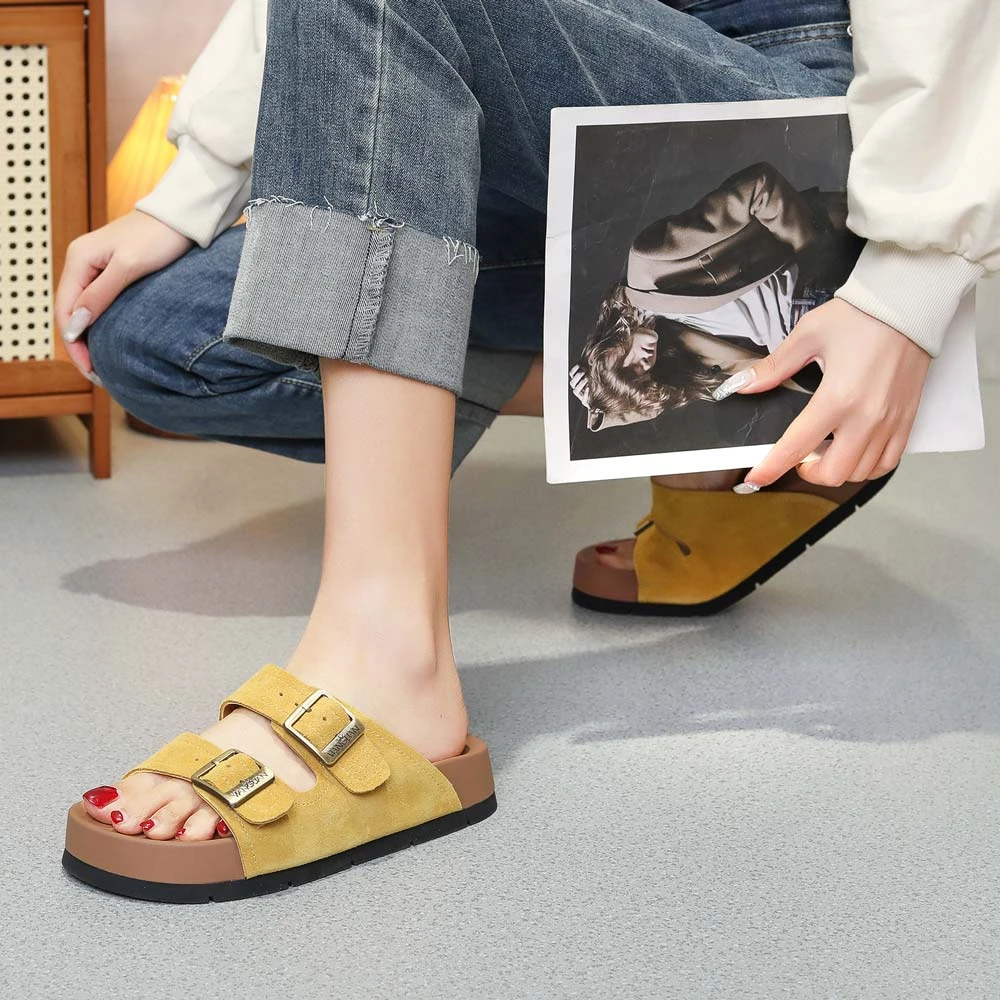 王冠直播真皮百搭厚底勃肯拖鞋女外穿2025夏季新款沙滩凉拖鞋平底