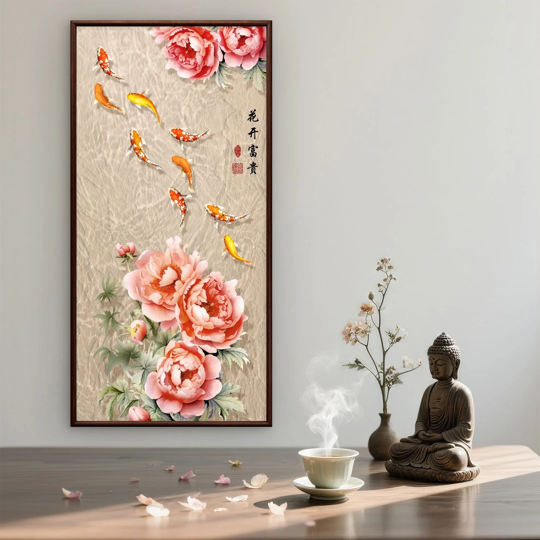 9014--55*110花开富贵有鱼中式装饰画实木框玄关书房茶室客厅挂画