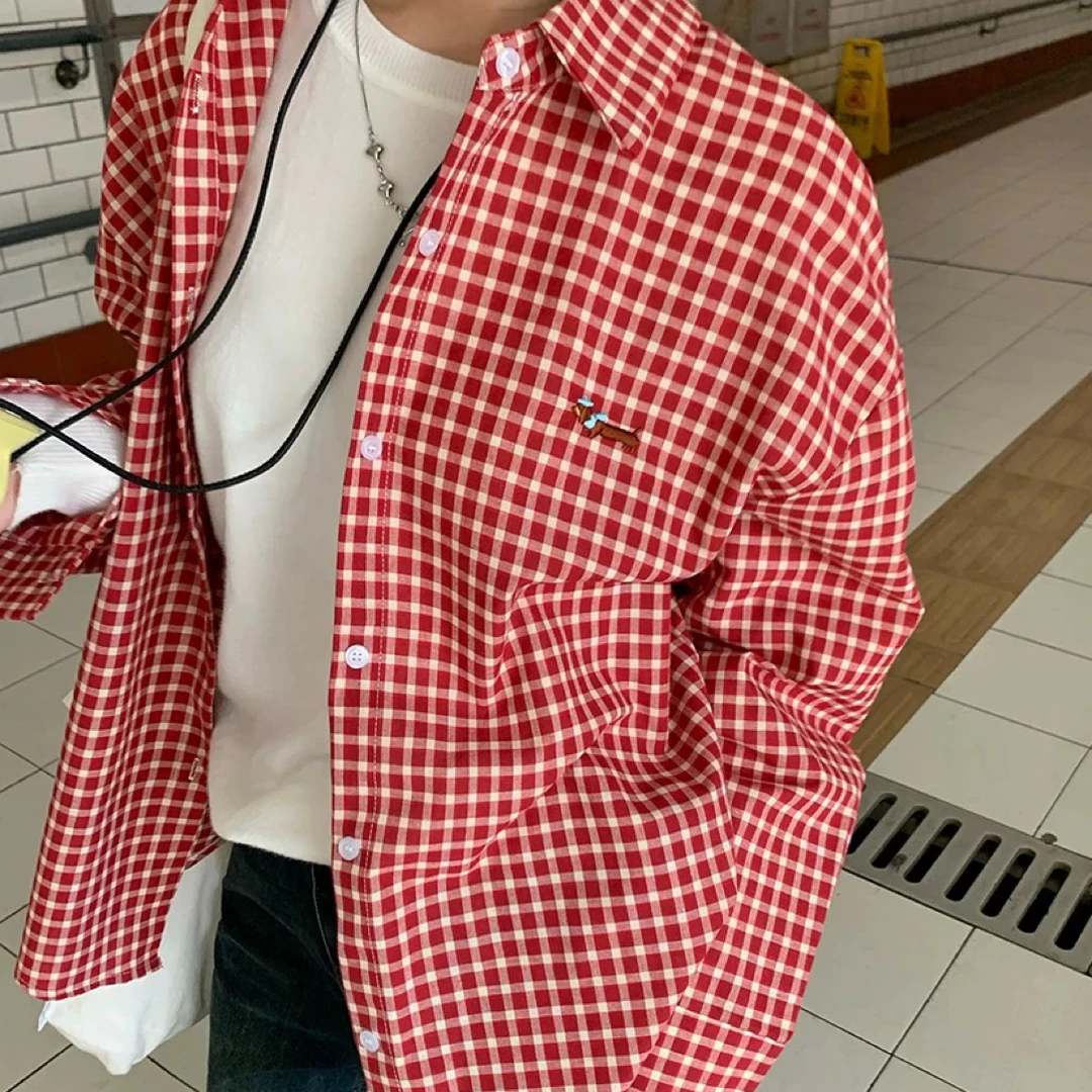 客户订单腊肠小狗刺绣红白格纹衬衫2025春季新款港风格子衬衣外套