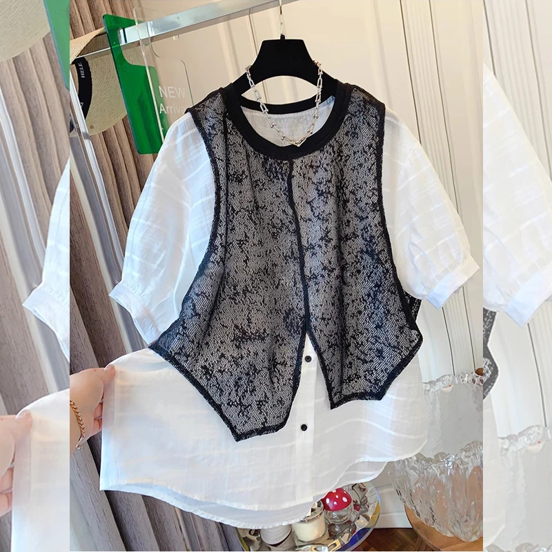 夏季时尚落肩短袖撞色马甲圆领假两件衬衫女蕾丝拼接显瘦大码衬衣