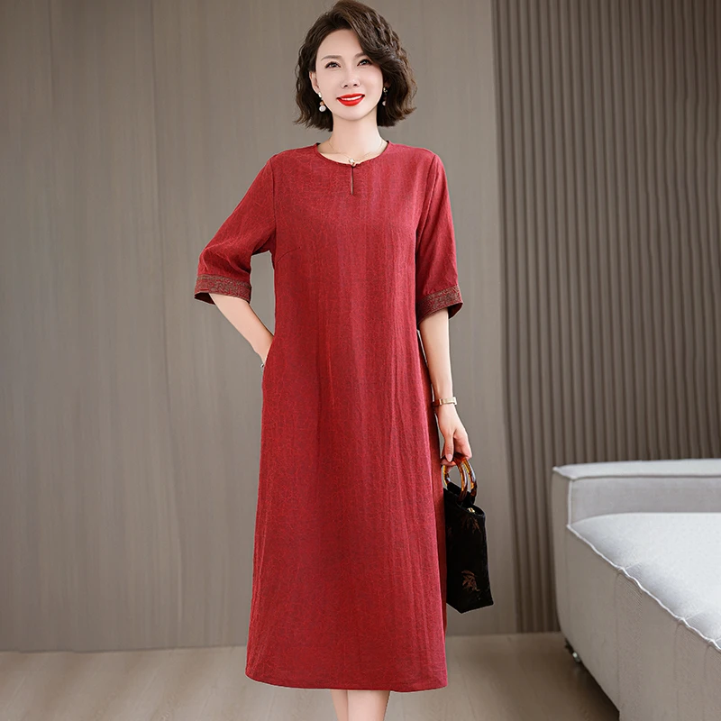 杭州新中式改良旗袍宽松桑蚕丝连衣裙夏季新款圆领中老年女装裙子