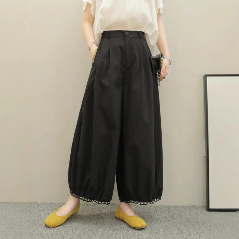 韩系镂空拼接阔腿裤女夏薄款高腰宽松直筒裤小个子休闲九分灯笼裤