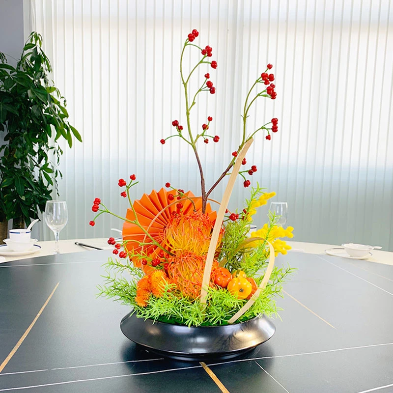 酒店大圆桌转盘中间摆设件餐桌花茶室客厅摆花装饰仿真花创意摆台