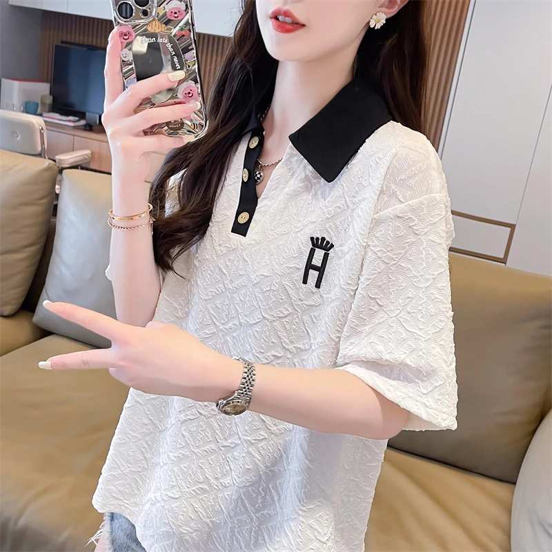 2024夏季小个子新款短袖女装T恤刺绣字母小众时尚百搭上衣打底衫