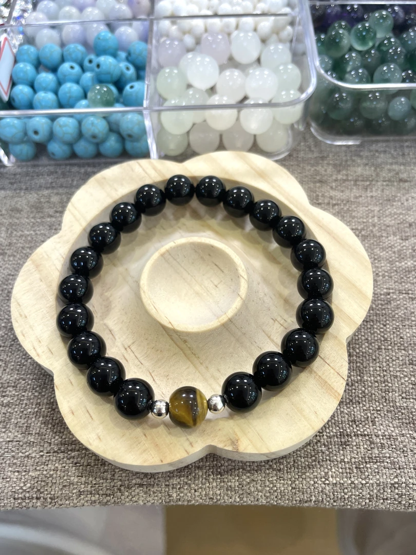 铜合金玻璃手链 单圈黑色配饰串珠情侣