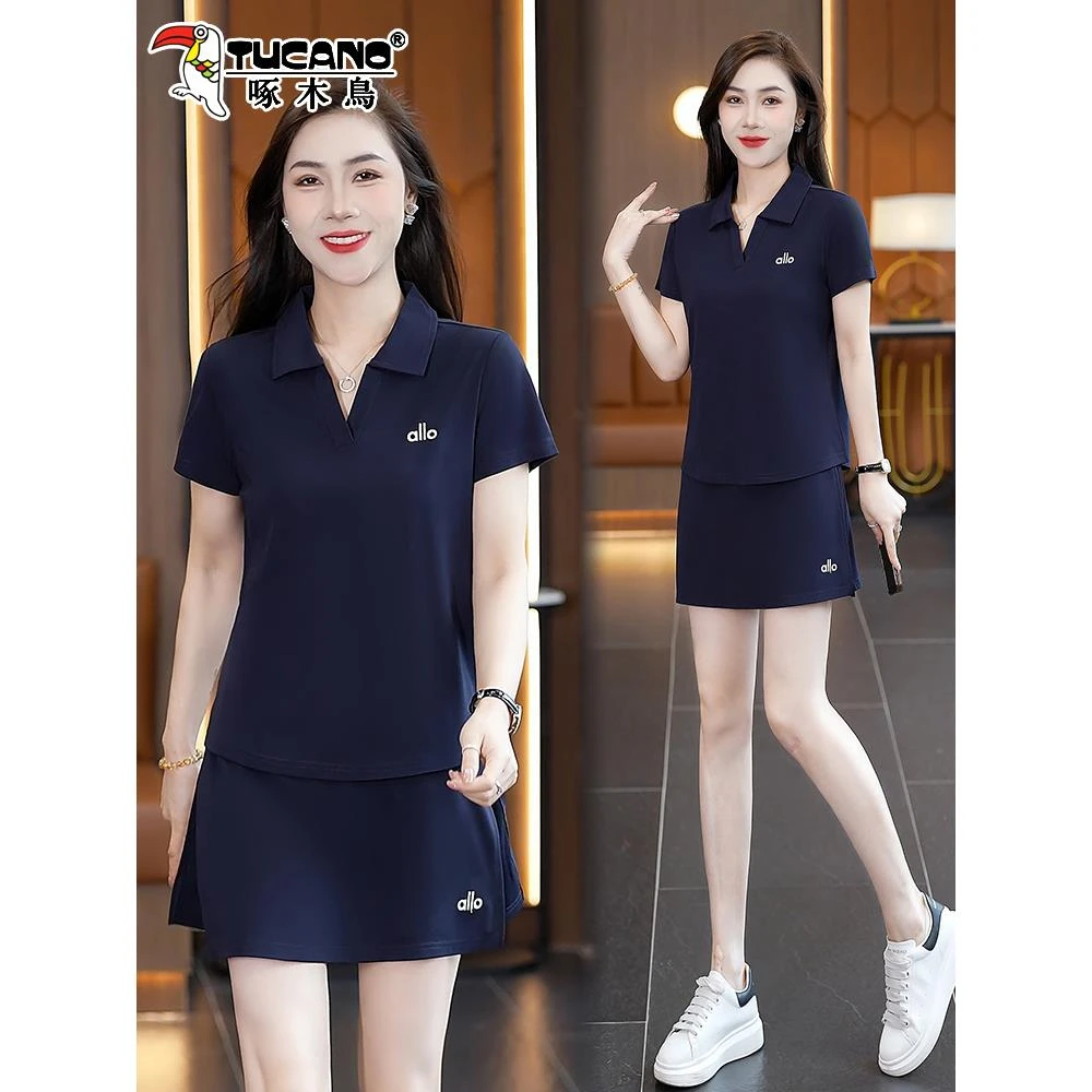啄木鸟冰丝运动套装女夏季2025新款女士Polo衫t恤短袖裙裤休闲服