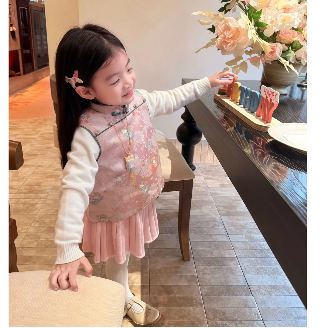 壹妈童装女童秋冬季休闲风新中式套装粉色汉服儿童马甲洋气短裙