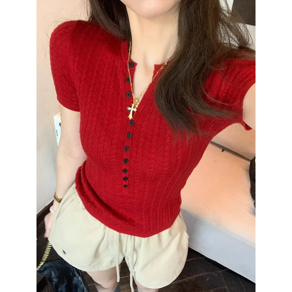 韩系亨利领短袖半开领针织衫女夏季外穿设计感修身别致打底衫上衣