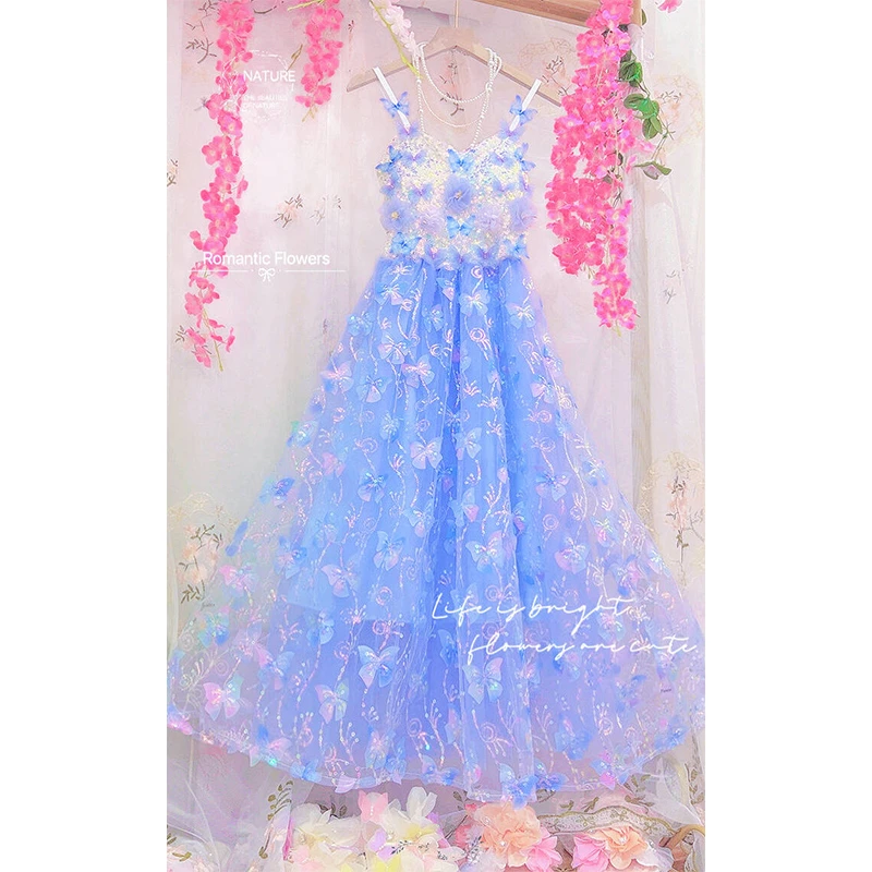 网纱刺绣立体亮片蝴蝶花朵吊带裙法式气质梦幻公主大摆蓬蓬裙女